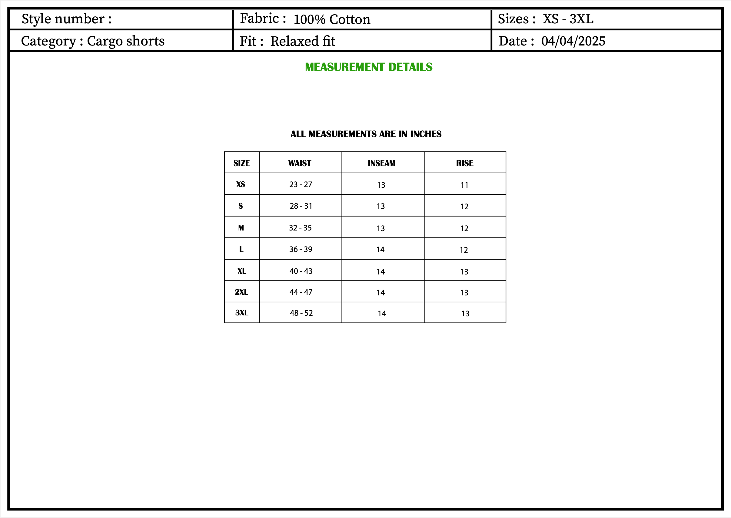 Measurement chart for cargo shorts with size chart and details.